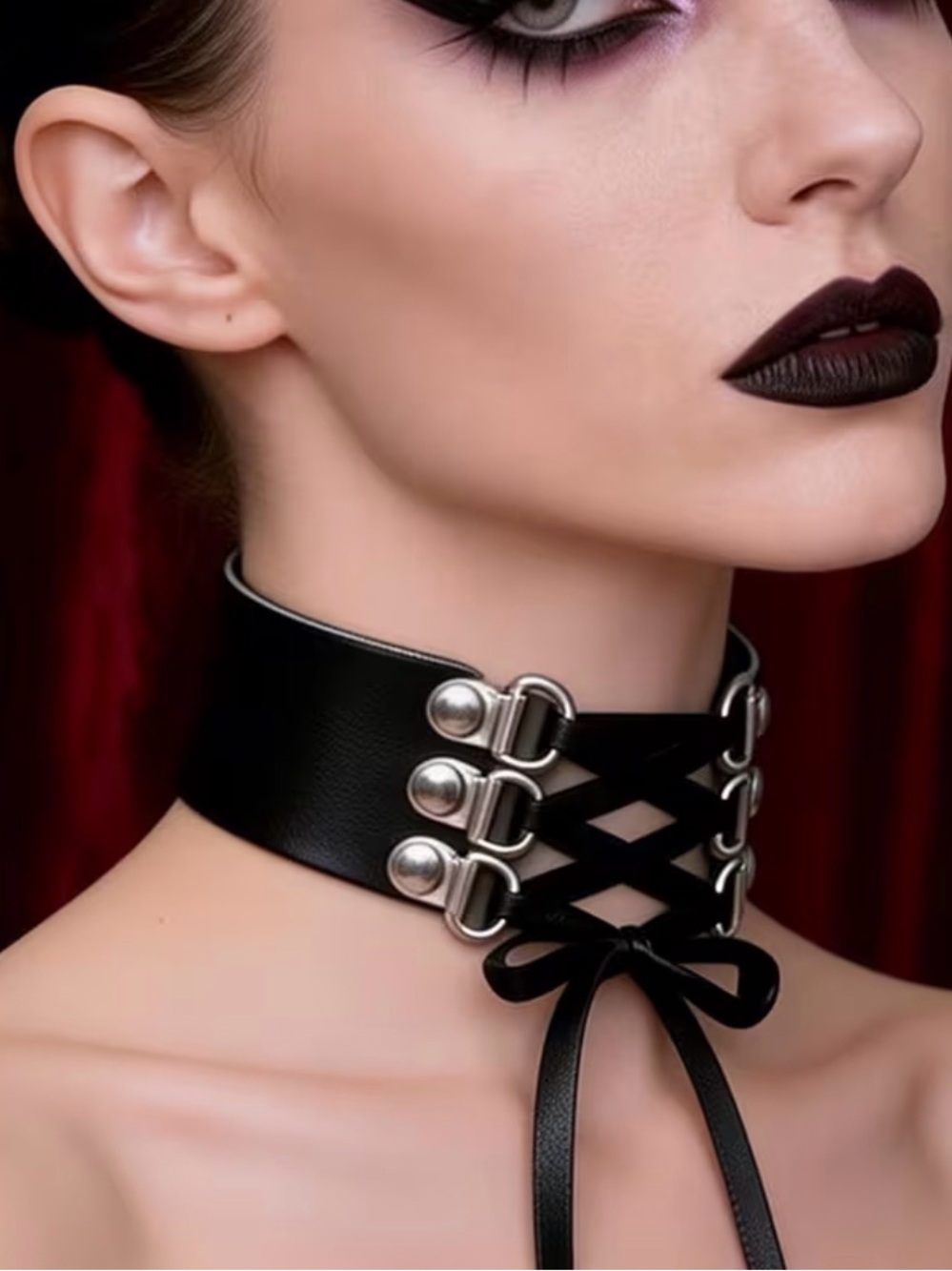 Black Faux Leather Lace-Up Gothic Choker Necklace